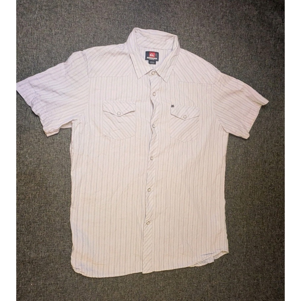 Quiksilver Mens XL‎ Striped Button Up Shirt White Short Sleeve Surf Snap Tee